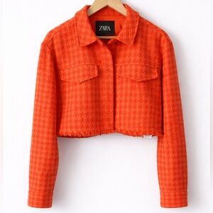 Zara Orange Tweed Houndstooth Cropped Blazer Medium Tailored Jacket
